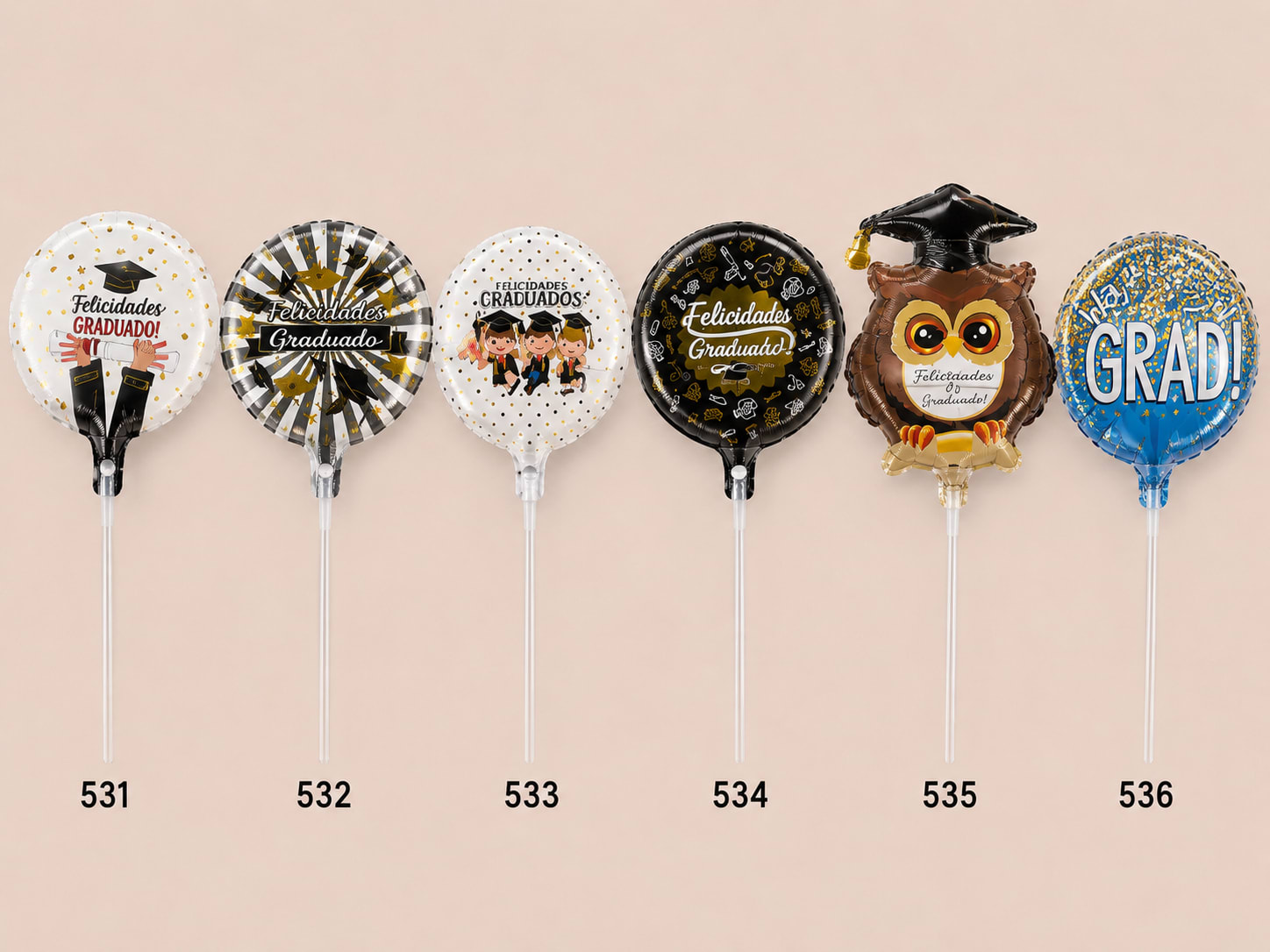 Six graduation balloons with Spanish congratulatory text on sticks