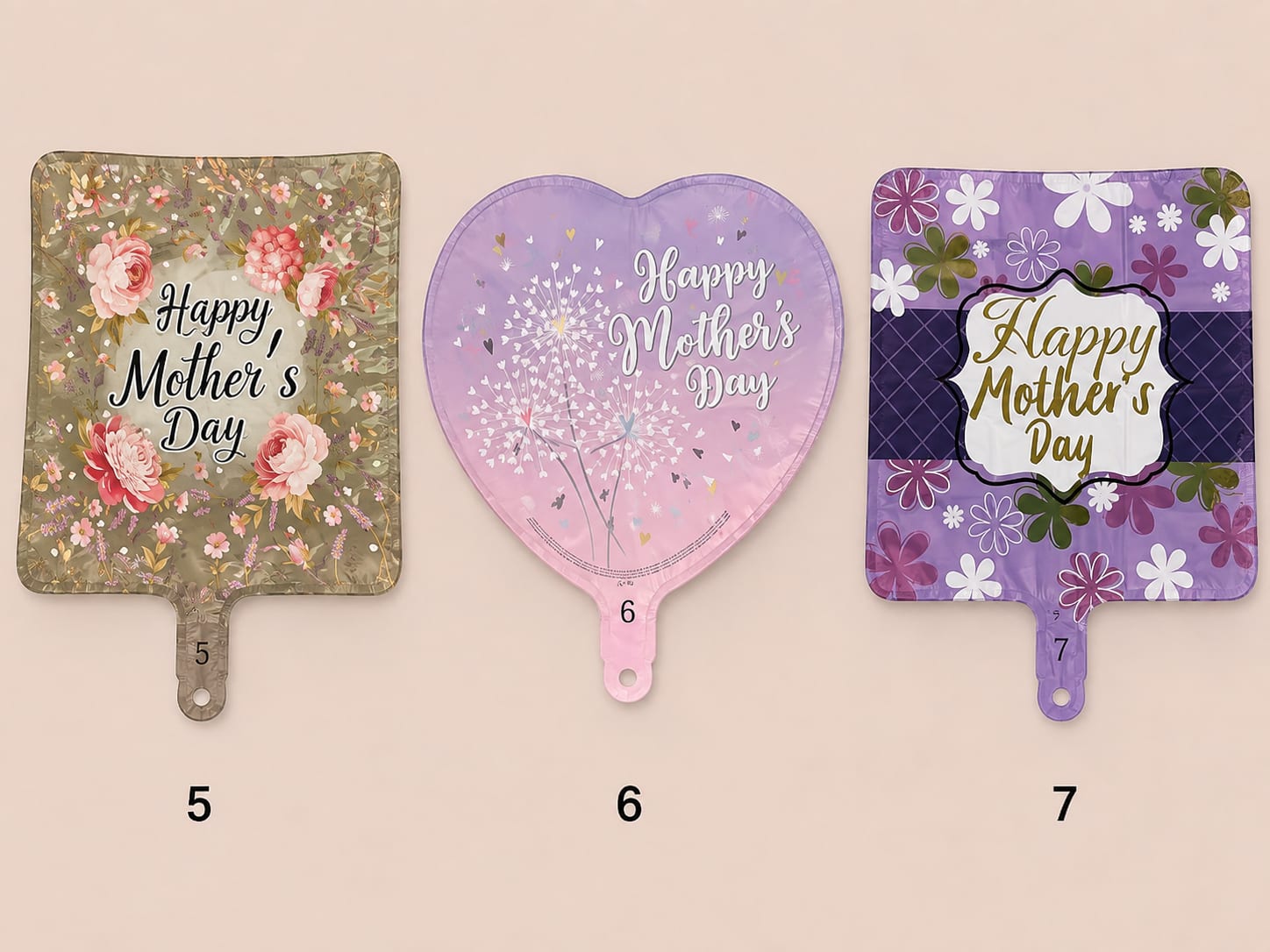 Three Mother's Day foil balloons in floral patterns and pastel colors