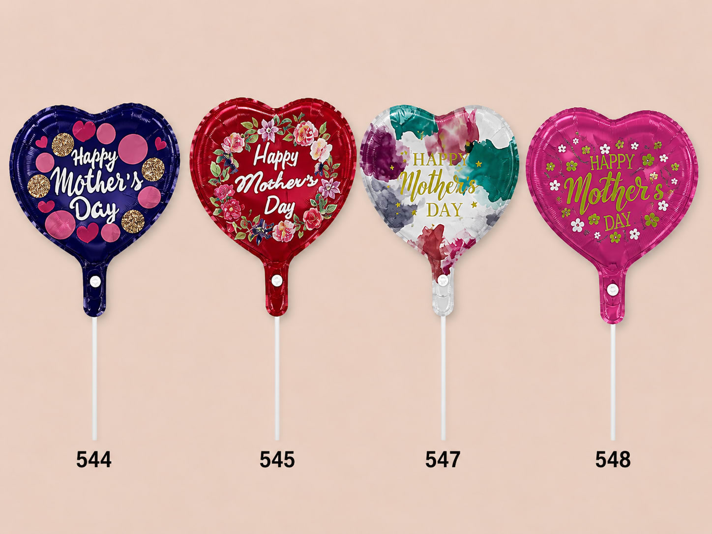 Four heart-shaped Mother's Day balloons on sticks in blue, red, white, and pink