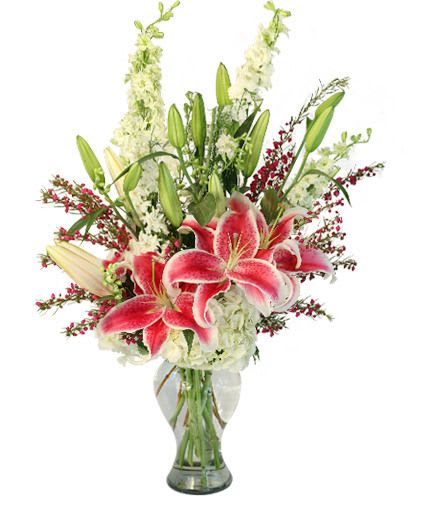 Grand Gazer Bouquet - The perfect balance of stargazers and hydrangea, with some fillers. Anyone would be happy to receive this arrangement.