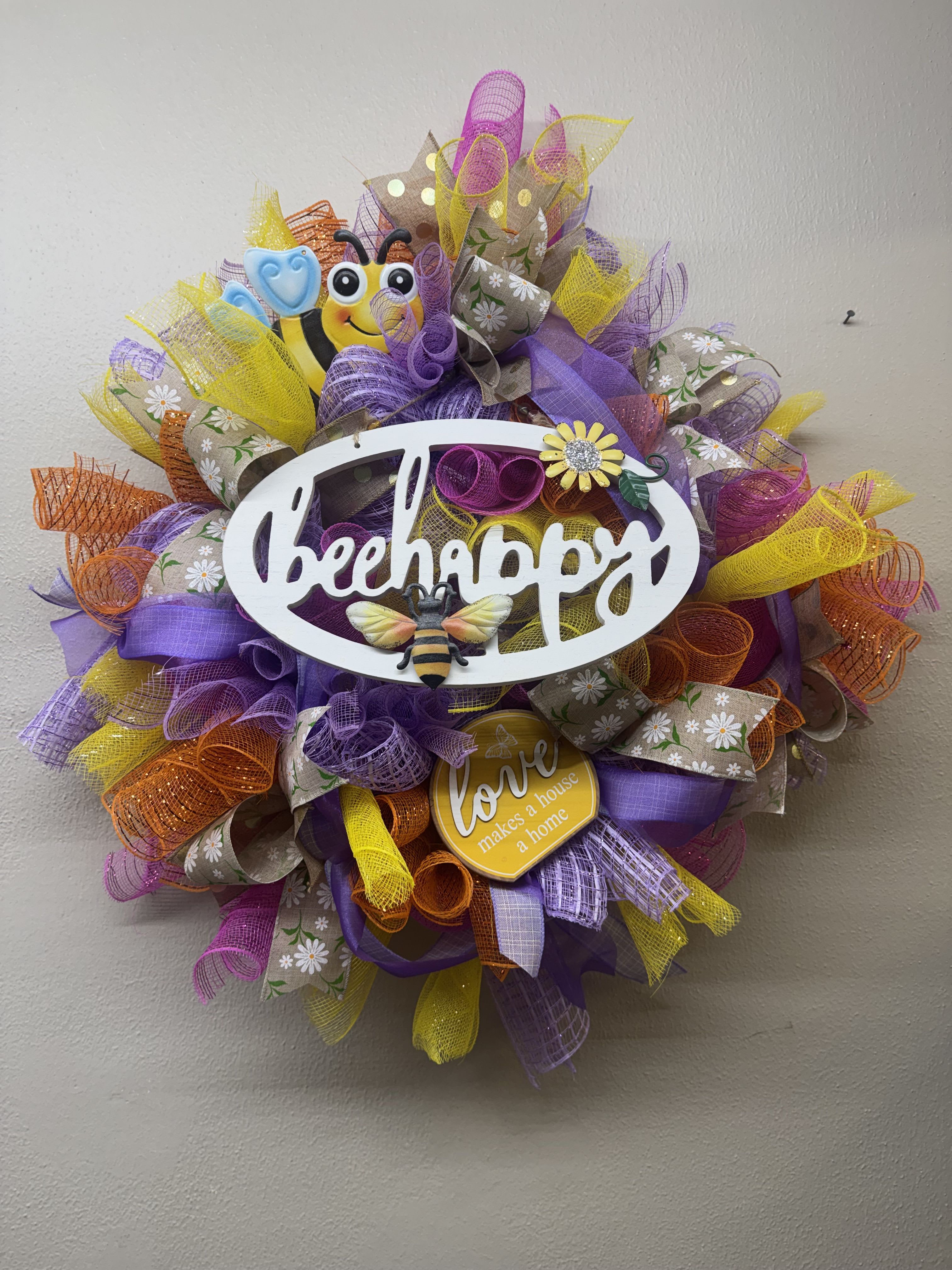 Spring Bee Happy Wreath - Hand designed mesh and ribbon wreath measuring approximately 30" from top to bottom, and 24" wide. 