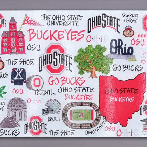 Ohio State Buckeyes themed wall art with logos and campus illustrations