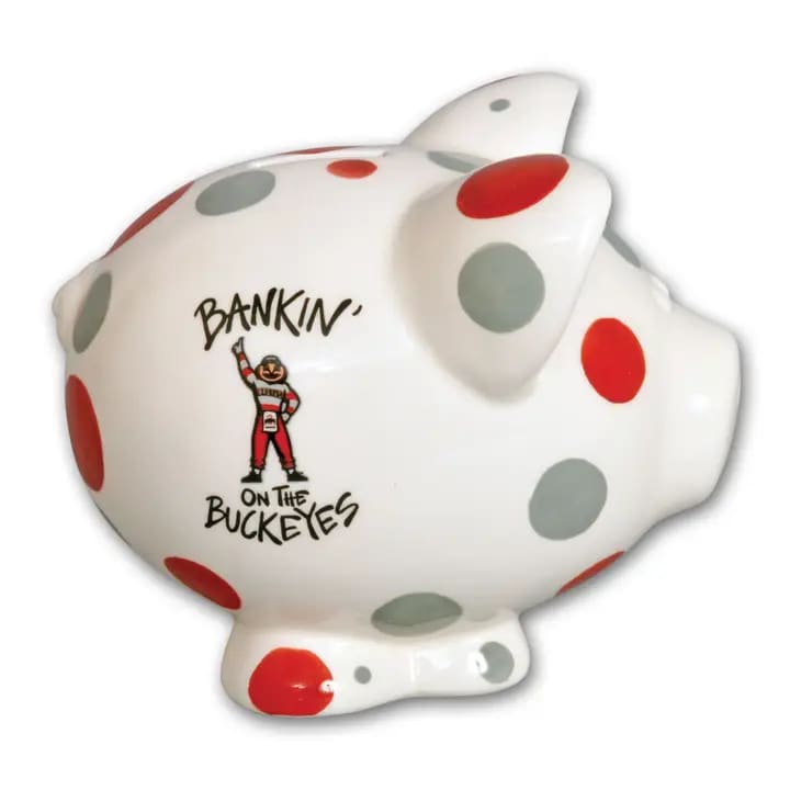 Polka-dot ceramic piggy bank with a Buckeyes graphic