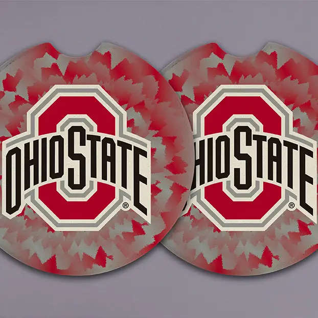 Two Ohio State logo round items with red and gray tie-dye pattern