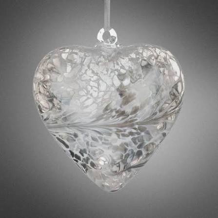 Clear glass heart ornament with a frosted floral pattern