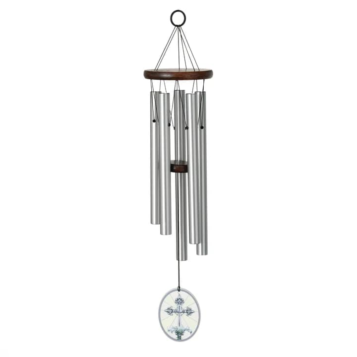 Metal wind chime with silver tubes and a cross pendant