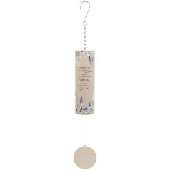 Hanging metal wind chime with a cylindrical printed tube and round beige striker