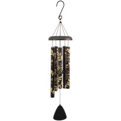 Hanging wind chime with patterned metal tubes and a black clapper