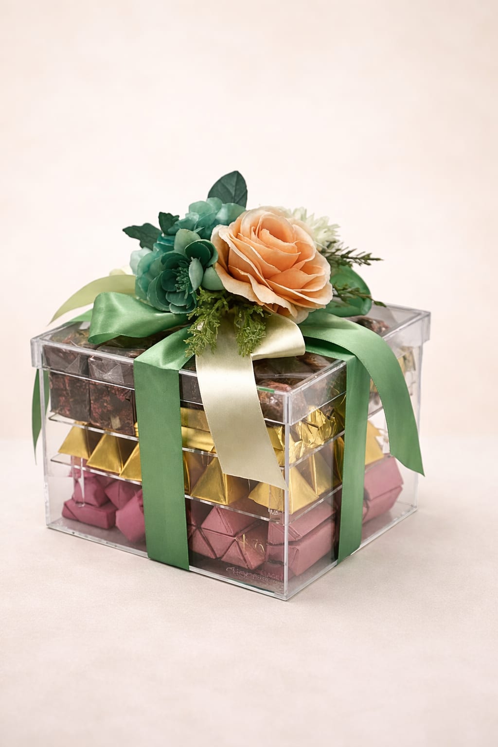 Gift box with flowers on top and wrapped chocolates inside
