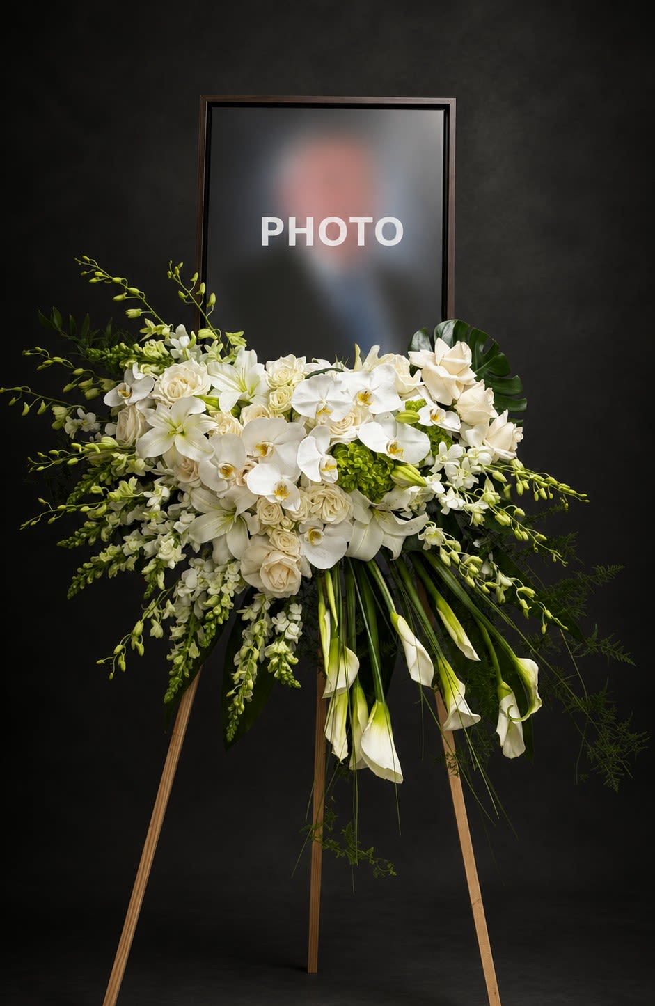 In Loving Memory Photo Display - A graceful standing memorial arrangement designed with elegant white roses, orchids, lilies, calla lilies, and lush greenery, beautifully displayed beneath a framed photo. This heartfelt tribute honors a loved one with peace, dignity, and timeless remembrance.  Important note: The photo and frame must be provided by the customer. Our team will design and arrange the floral display around the provided frame. For the best presentation, we recommend providing a portrait-style frame similar to the one shown in the photo.