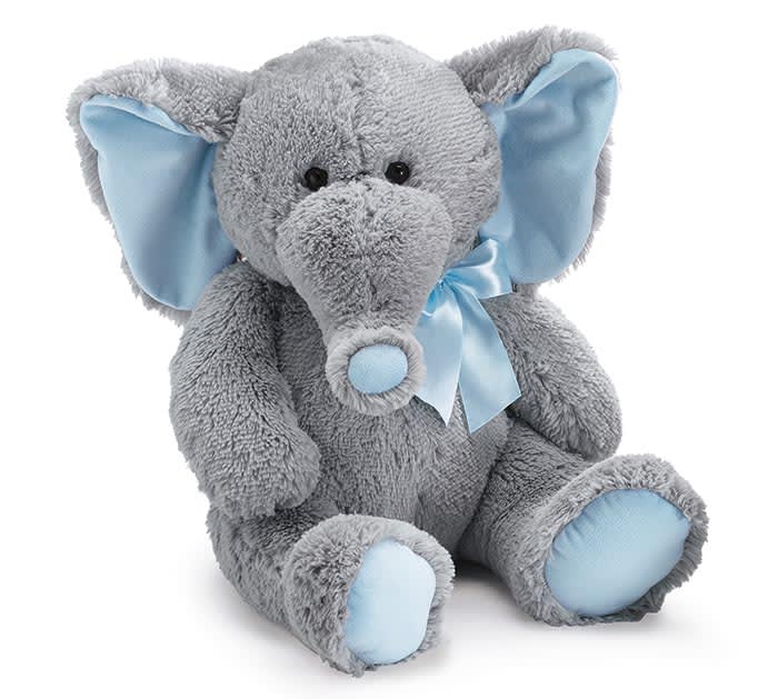 Gray plush elephant with light blue ears and ribbon