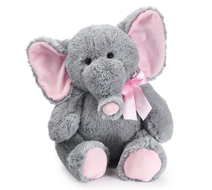 Gray plush elephant with pink ears and ribbon