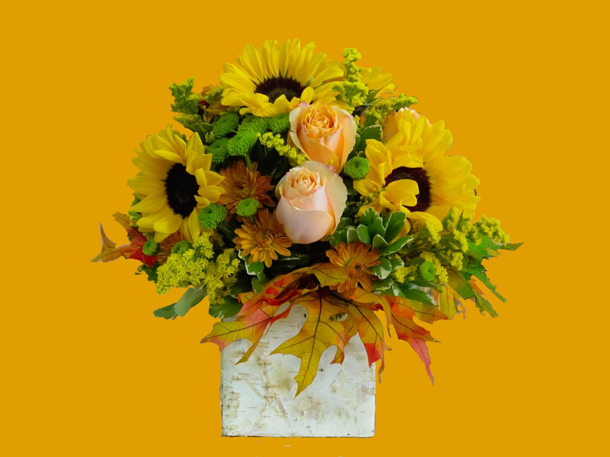 Sunflower and peach rose arrangement in a white birch-style container