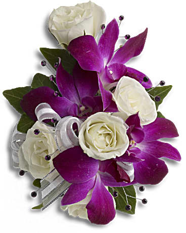 Bouquet of white roses and purple orchids with ribbon accents
