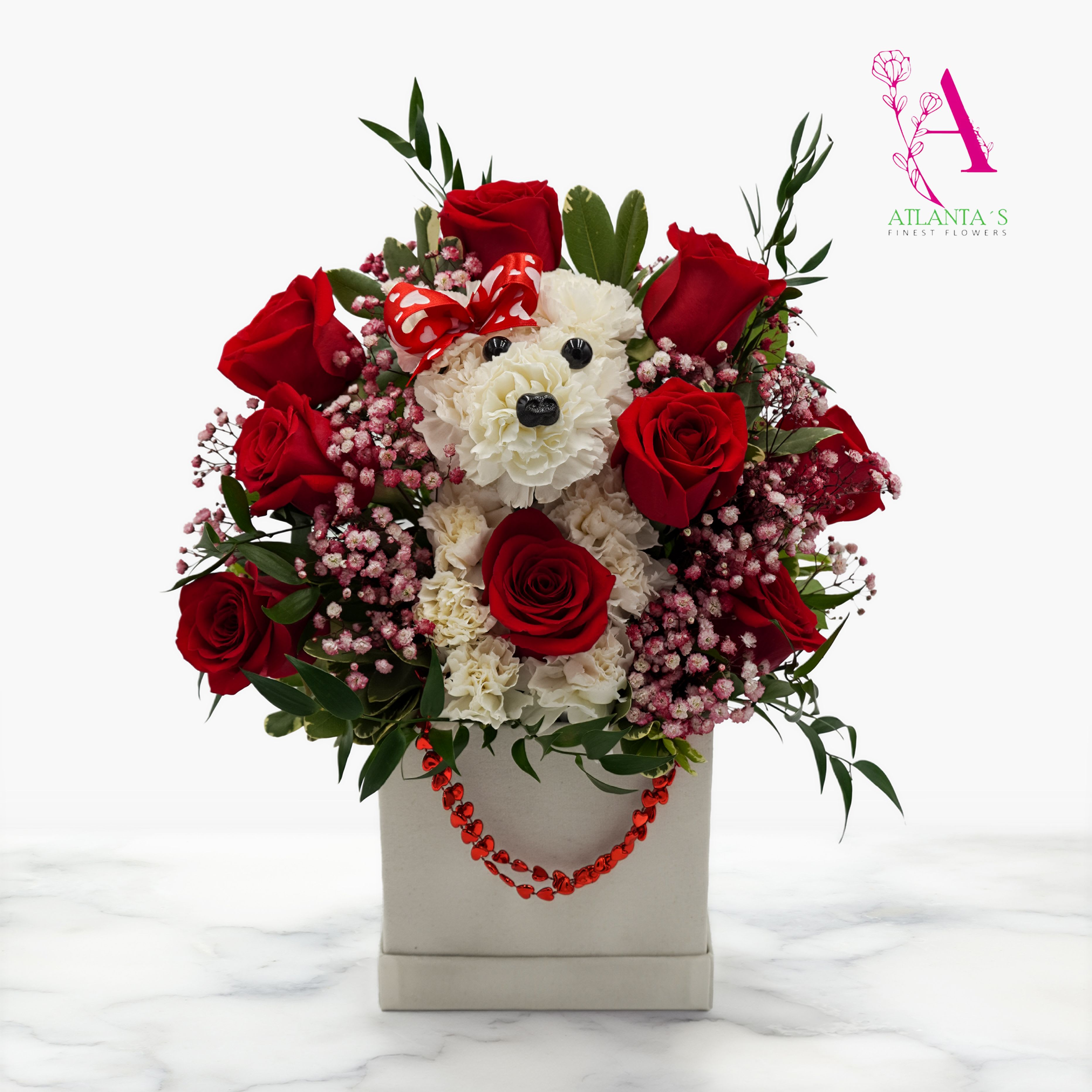 Puppy Love - Includes Red Roses, Carnations, baby breaths, and mixed greenery   Square Plush Box Material Size: 6 x 7