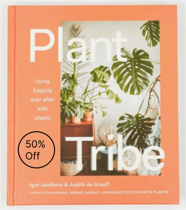 Orange book cover with large white title and tropical plant photos