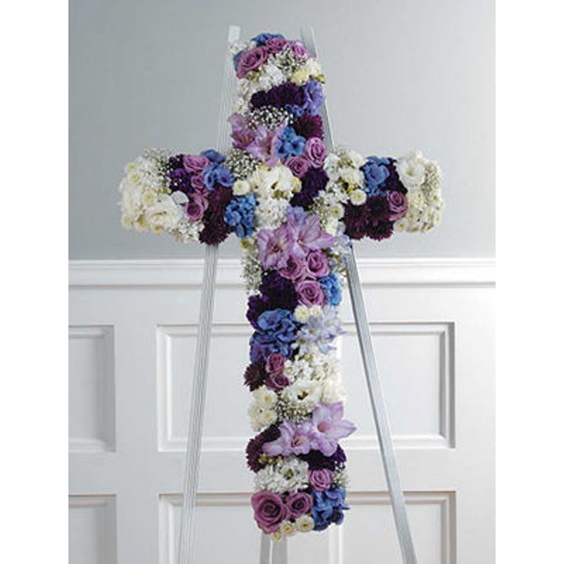 Mixed Cross - Cross on an easel with shades of lavender, blue and white. 