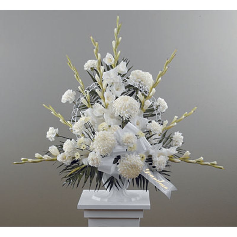 Floral Basket - All white glads, carnations and mums in a traditional basket. 