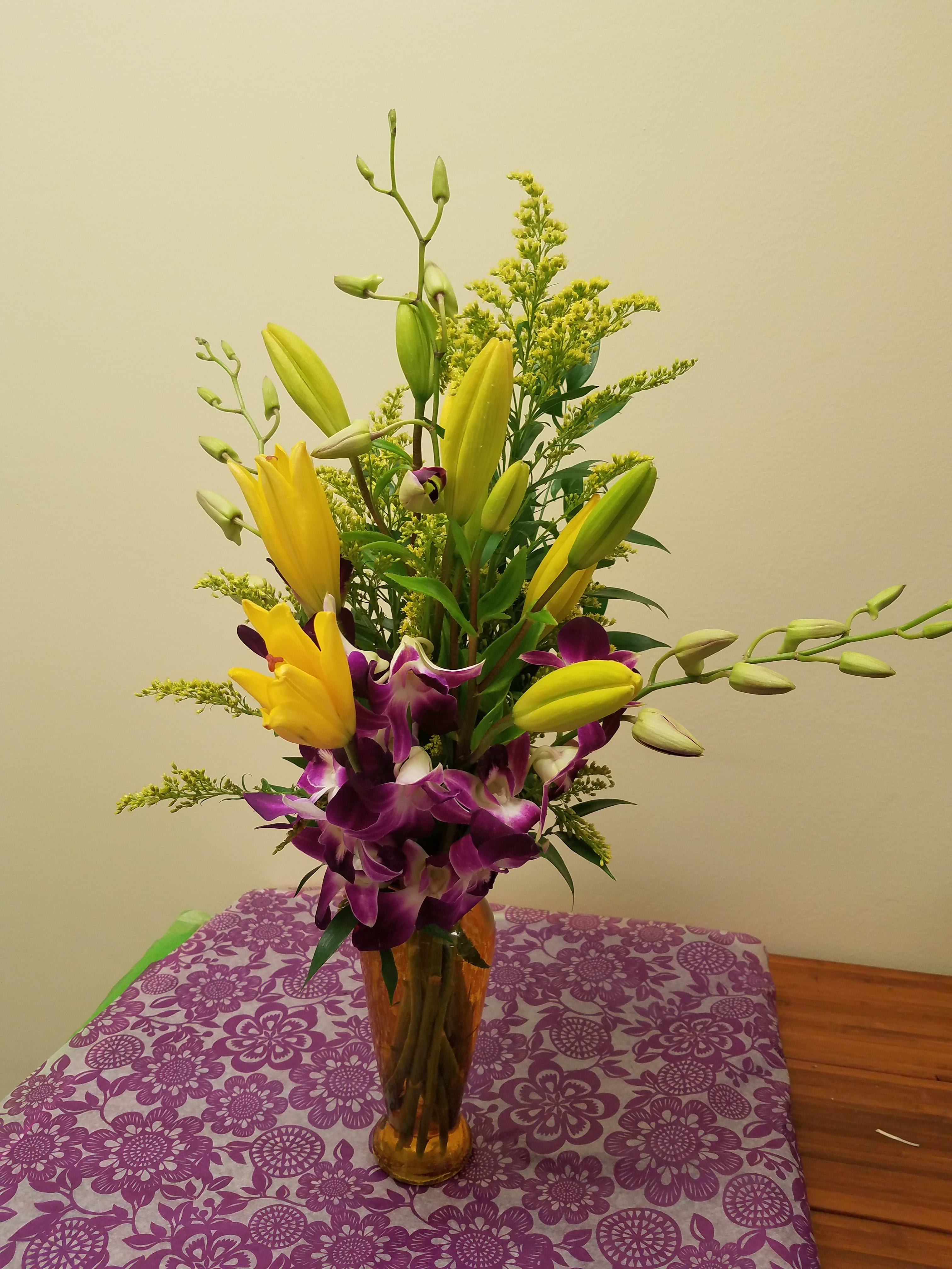 Purple orchids and Yellow Lilies  - Lovely mix of Purple Orchids and Yellow Lilies 