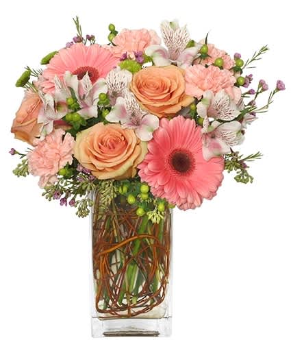 Blooming With Admiration Bouquet - Show your Admiration with this bouquet of soft Peaches, pink, and white flowers. 