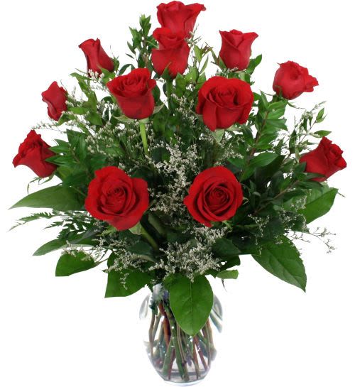 Bouquet of red roses in a clear glass vase