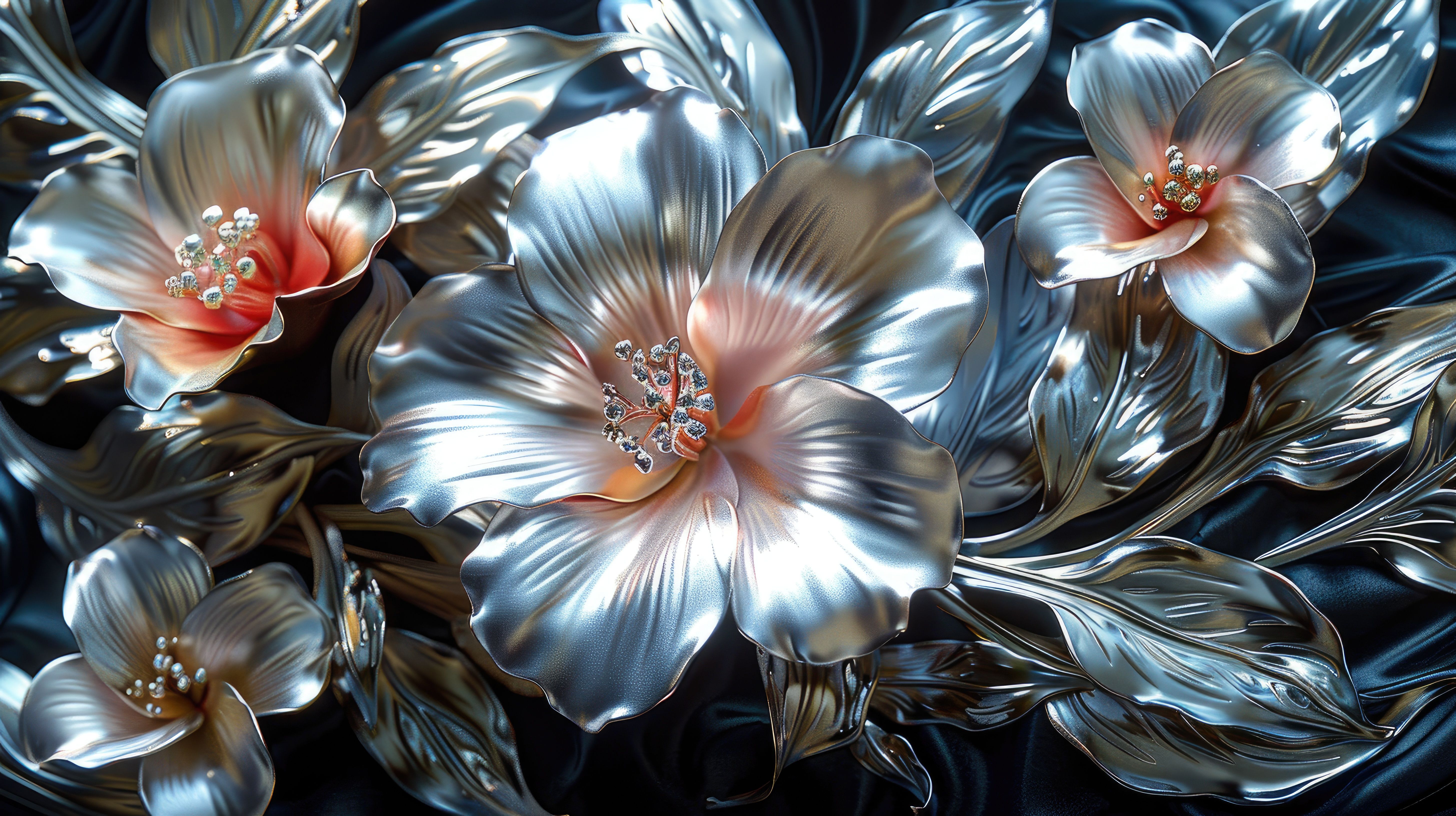 Metallic silver flowers with pink centers on a dark background