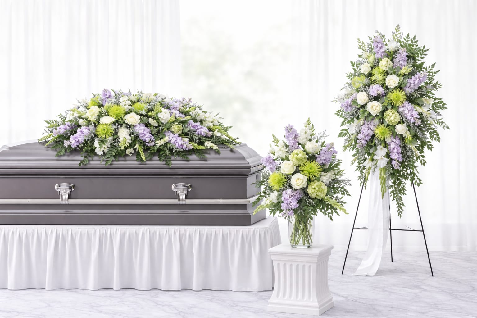 Serene Lavender Sympathy Collection - The Serene Lavender Sympathy Collection is a coordinated three-piece floral tribute designed to honor a life with grace, beauty, and peace. This elegant collection features a full casket spray, a standing spray, and a matching sympathy vase arrangement, all thoughtfully designed in soft lavender, white, and gentle green tones. Each piece is handcrafted by an experienced Omaha florist using seasonal blooms such as lavender stock, white roses, green hydrangea, spider mums, snapdragons, and lush greenery. The cohesive design creates a calming and respectful presence for funeral and memorial services while offering a complete floral expression for family and loved ones. This collection is ideal for families seeking a unified, beautifully coordinated floral presentation. Collection Includes Full casket spray Standing spray (easel included) Matching sympathy vase arrangement Details Color palette: lavender, white, soft green Style: garden-inspired, elegant, and flowing Suitable for funeral and memorial services Flower varieties may vary slightly based on seasonal availability while maintaining overall color harmony and fullness.