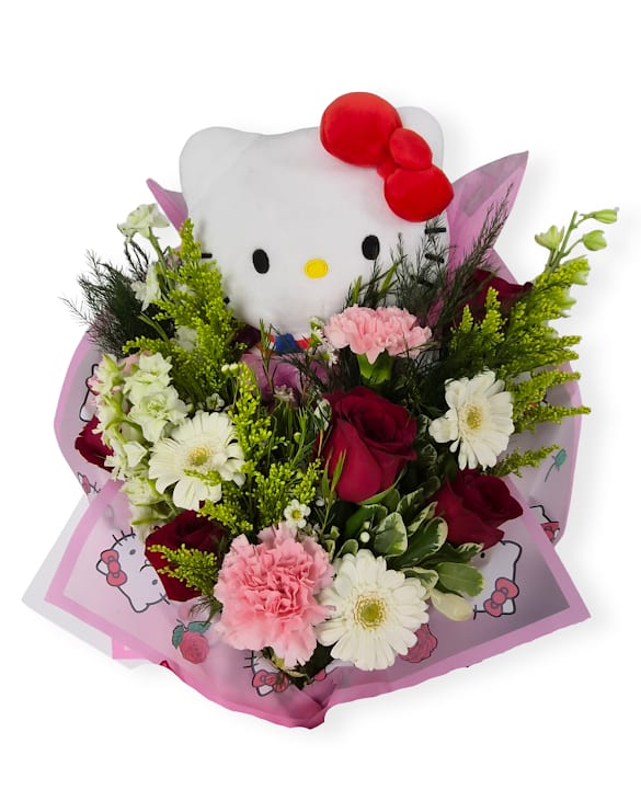 Kitty Kisses Cello - Kitty Kisses is a sweet and playful wrapped bouquet featuring a Hello Kitty plush nestled among fresh blooms. Designed with a mix of roses, gerbera daises and lush greens, wrapped in charming specialty paper. This bouquet doe not come with a vase but includes a water source to keep it fresh for several hours
