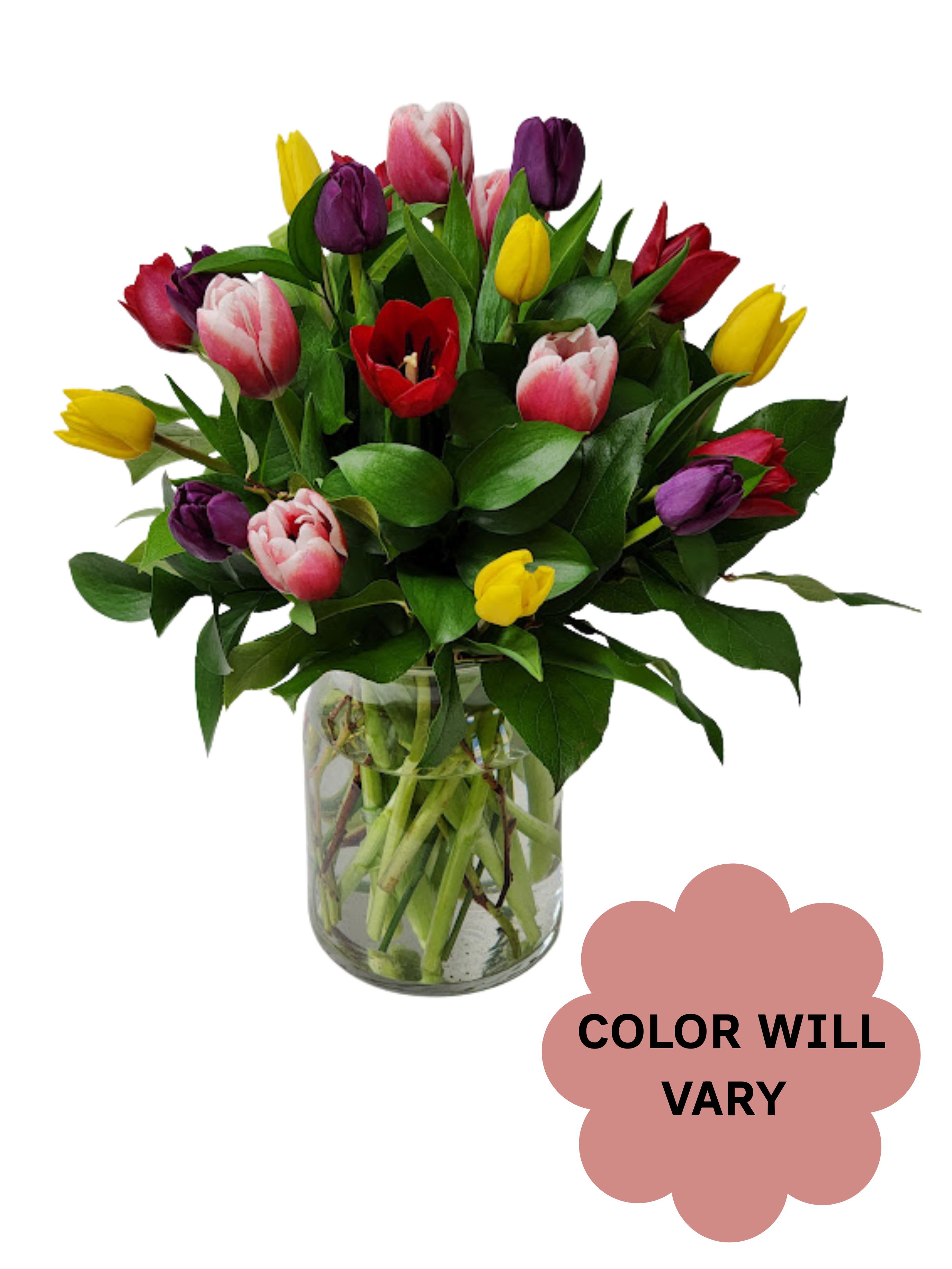 Mixed tulip bouquet in a clear glass vase with a color-will-vary note