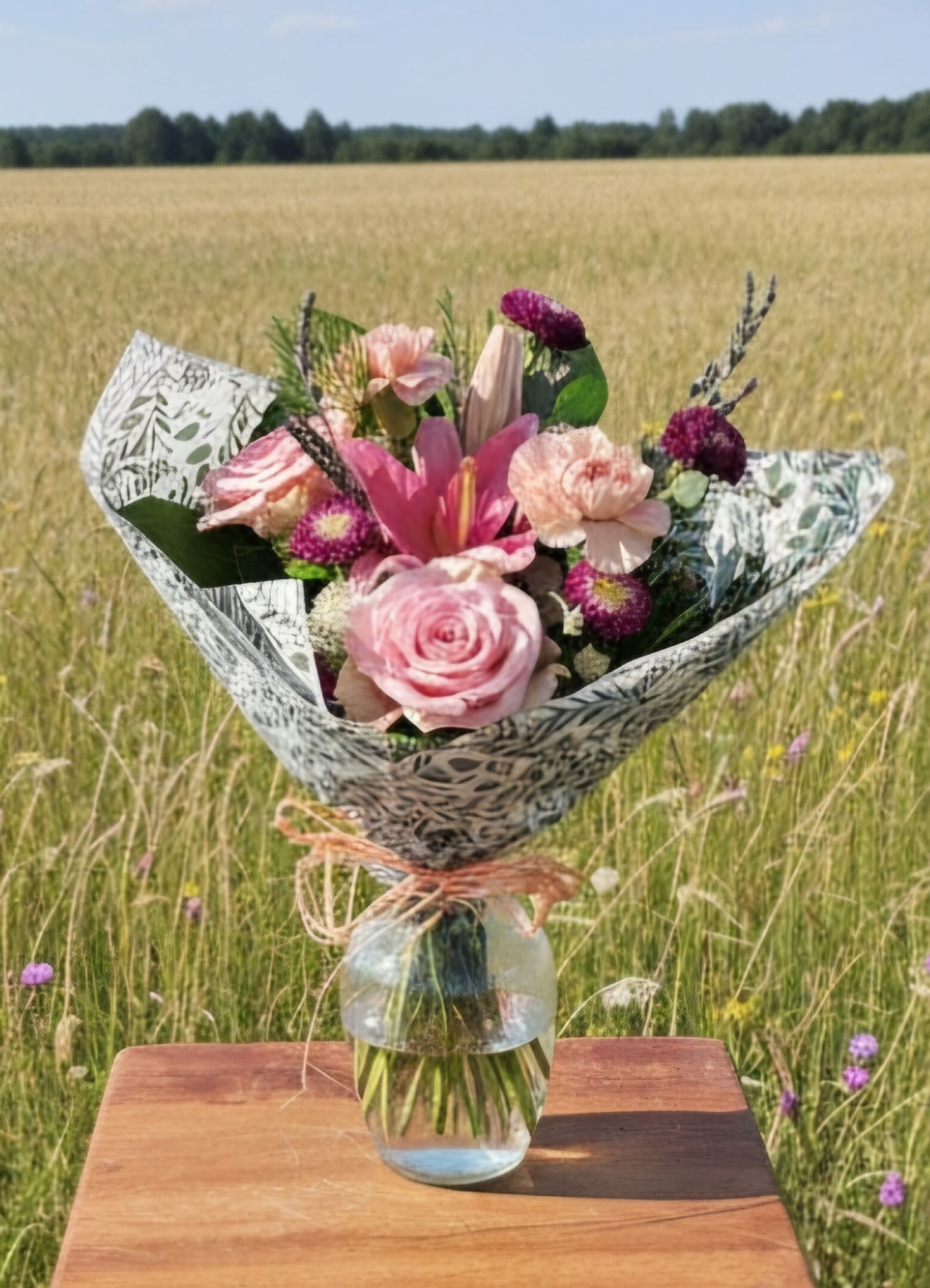 Springtime Seasonal Wrap  - A lush spray of pink roses and a showy pink lily make this Springtime Wrap a fresh, romantic flower arrangement for birthdays, anniversaries, or a thoughtful "thinking of you" surprise. Soft blush, peach and magenta tones are brightened by small purple accents and white blooms, so the person you're sending it to will feel warm, noticed, and celebrated the moment it arrives.  Arranged in a clear glass vase and finished with a black-and-white patterned paper wrap and raffia ribbon, this hand-tied look balances rustic charm with elegant blooms. Textures range from velvety rose petals to the lily's dramatic, fragrant trumpet and delicate filler flowers, creating a natural, airy silhouette that suits a kitchen table, bedside, or office desk. Order to let someone know you care-sizing and care details are provided at checkout to help keep the bouquet fresh.