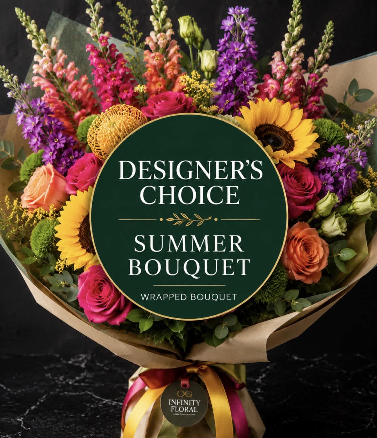 Wrapped bouquet with sunflowers, roses, and colorful snapdragons