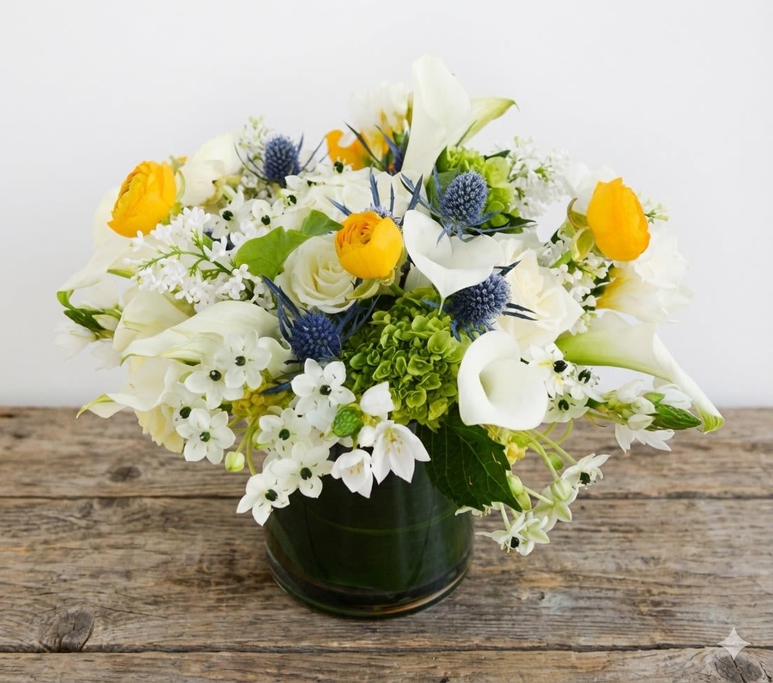 Whimsy Plus - This whimsical vase arrangement features white Ornithogalum (or starflower), which is a gorgeous spring bloomer, along with white calla lilies and white roses. We love the pops of yellow ranunculus, blue thistle, and green hydrangea and other blooms, creating a modern, but playful design. This comes in a clear vase with a green banana leaf wrapped inside for extra elegance. Flowers and vase will vary based on availability.