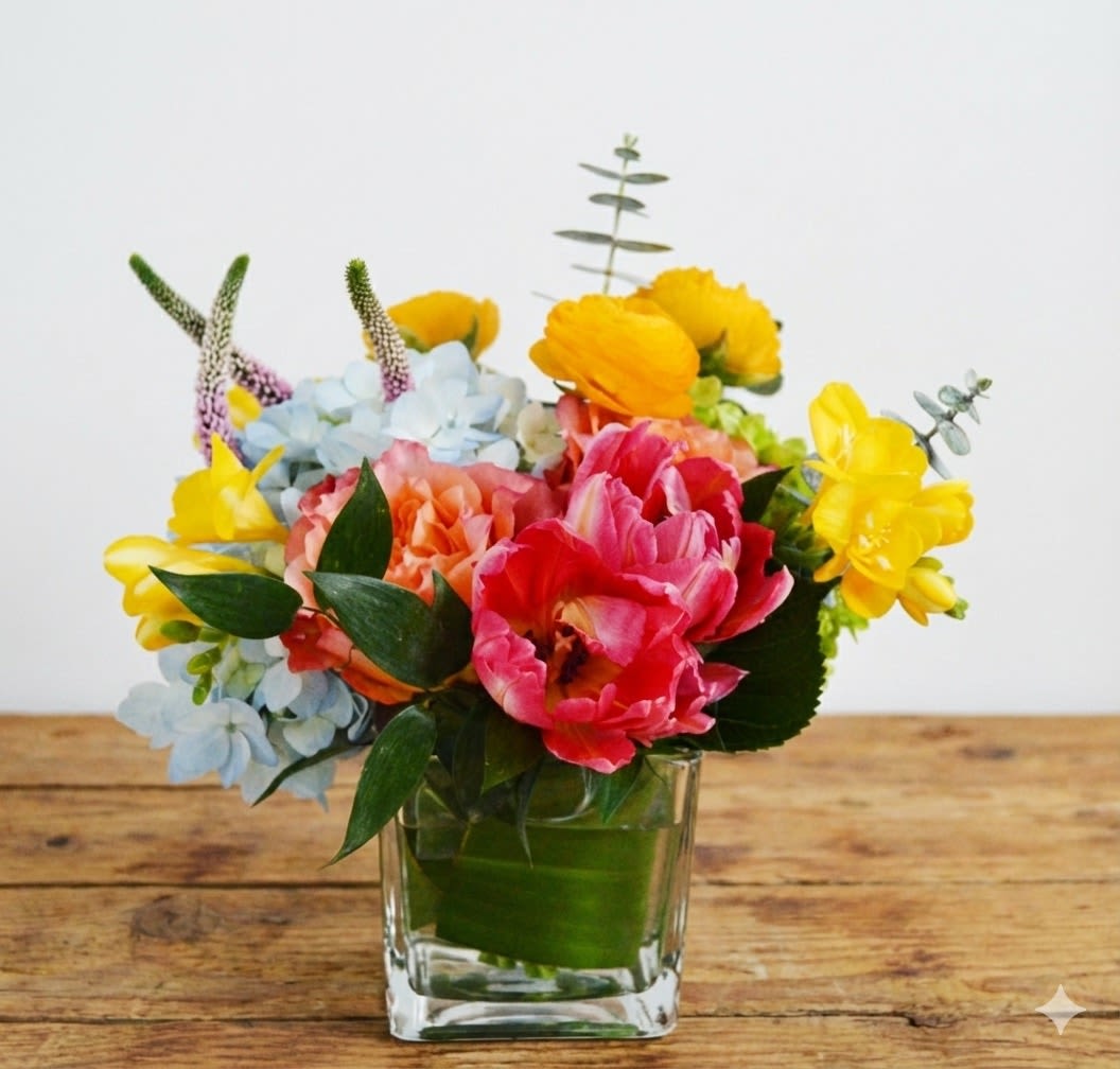 Colorful bouquet of mixed flowers in a clear glass vase