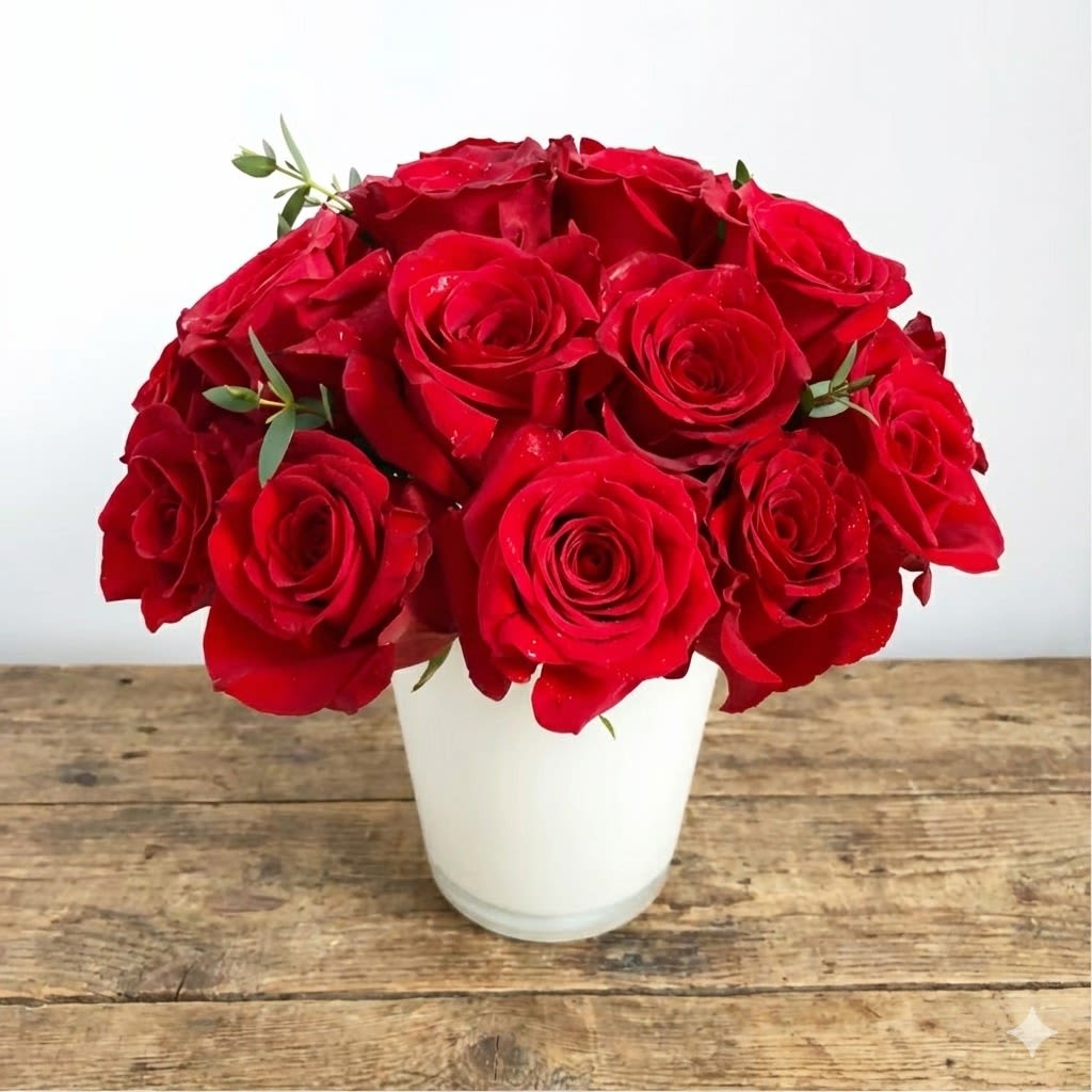 My valentine - A classic and elegant arrangement. The standard size is presented in 5"*6" clear cylinder vases. The deluxe size is presented in 6"*6" white cylinder vases. 