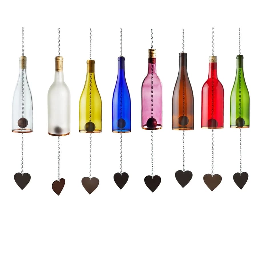Wind Chimes Made from Glass Wine Bottles with Copper Trim - Our Glass Wine Bottle Wind Chimes are the perfect addition to any fall garden, summer patio, or spring sunroom or a great gift to give.       -  750ml wine bottle 10” tall, total length of approximately 27”   Colors may vary   Components: - 750ml wine bottle - Copper accent tape - Heart shaped acrylic flag - Wooden Striker - Zinc-coated steel chain - S-hook for hanging