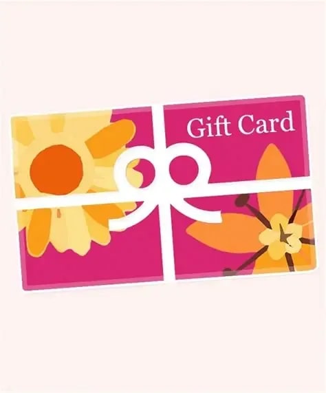 Bright floral gift card with pink background and yellow and orange flower illustrations