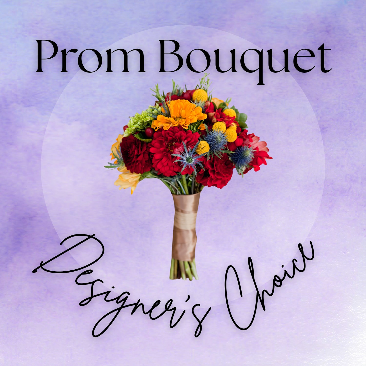 Prom Bouquet - Seasonal Designer's Choice  - Don't know what color to pick? Tell us the color of your dress or suit and let the designer's do their thing! A small bouquet perfect for a prom or school dance wrapped with ivory ribbon.   Please call our shop if you need a specific flower or color scheme. 