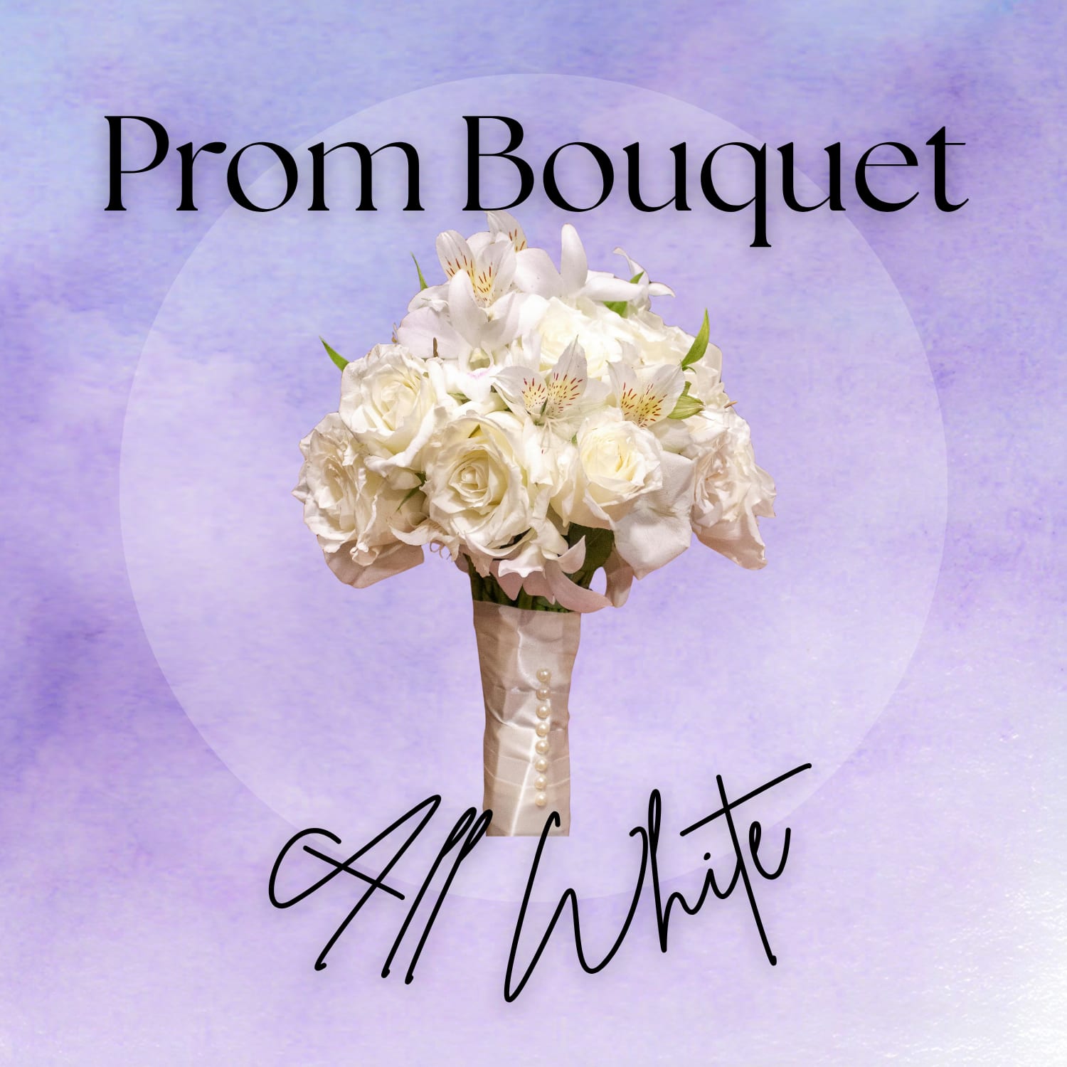 Prom Bouquet - White Designer's choice - A small bouquet perfect for prom or a school dance, designed in all white with touches of greenery wrapped in ivory ribbon. Specific blooms can be included with at least 14 days' notice, dependent on seasonal availability.