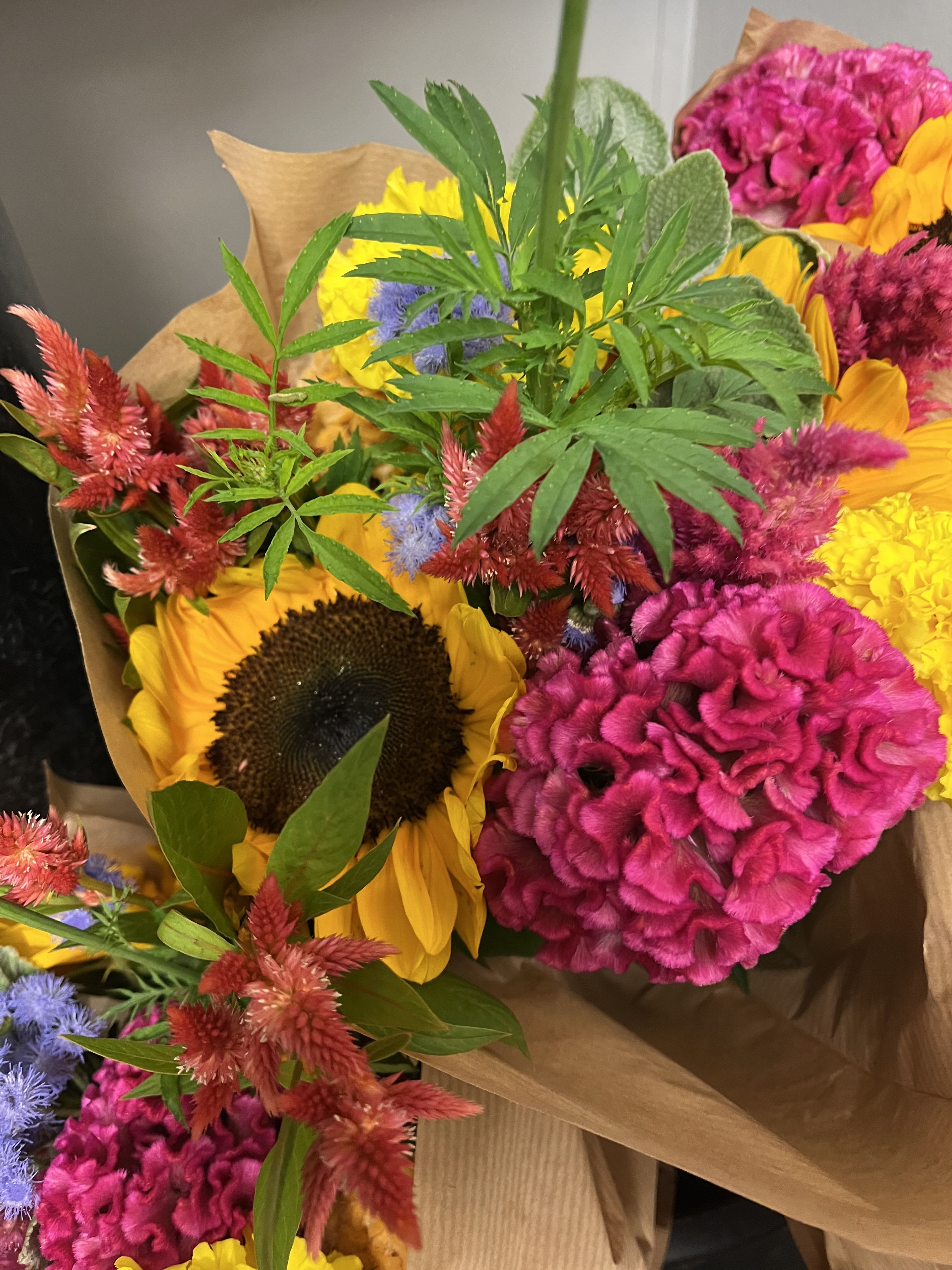 Bright mixed bouquet with sunflowers and pink cockscomb flowers