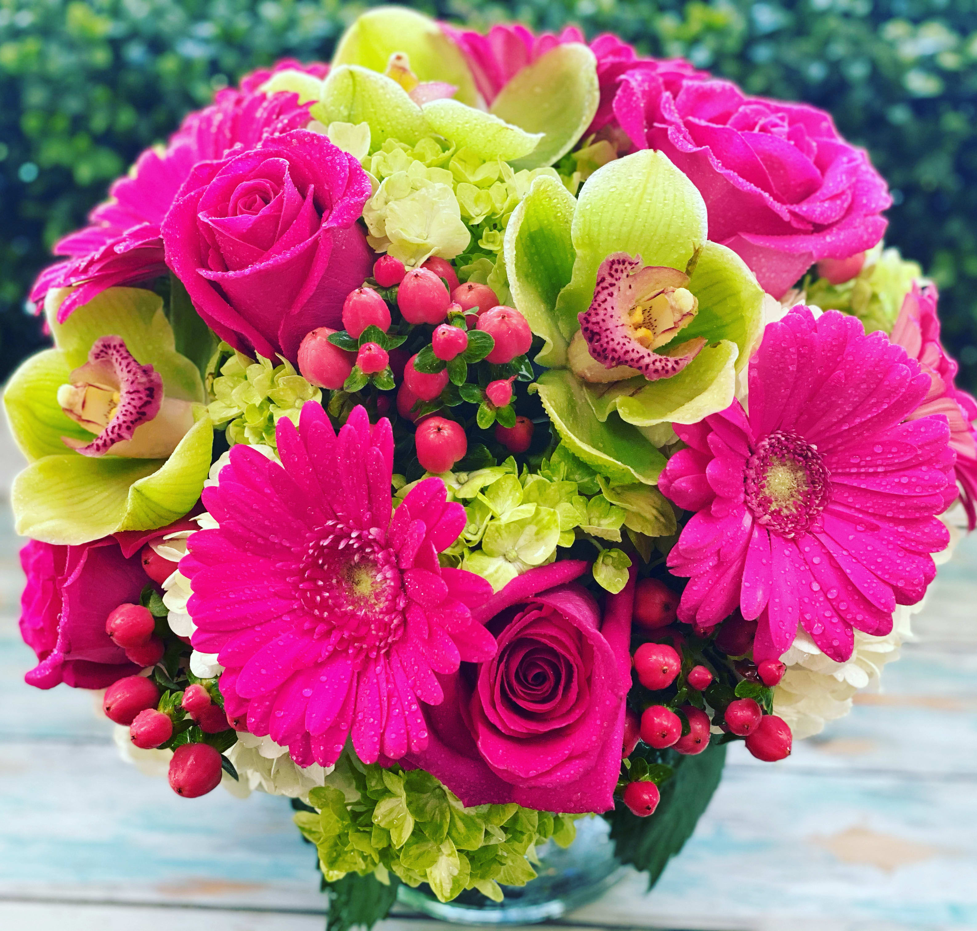 Watermelon High - Green mini hydrangea, magenta pink gerberas, magenta pink roses, pink hypericum berries with green cymbidium orchids in a clear 5'' cylinder