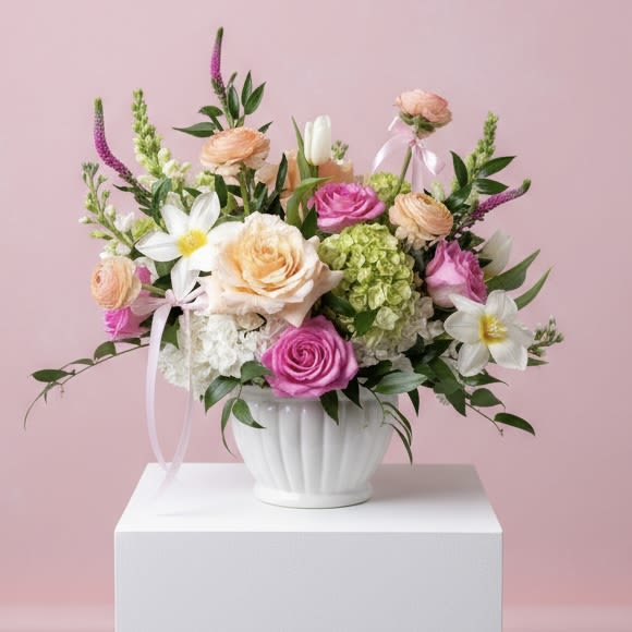 Love Story - This love story is soft peach, pink and white garden inspired featuring hydrangea, roses, ranunculus, tulips, snapdragons, stock, veronica in a white ceramic vase 