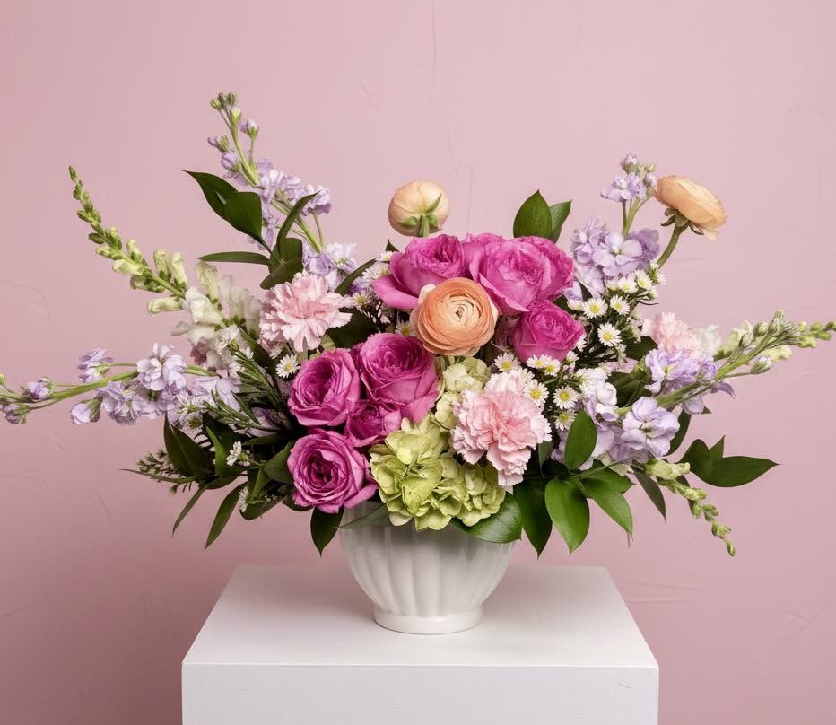 Spring Garden - A lush garden inspired Mother's Day arrangement designed in a classic white ceramic container, featuring vibrant pink spray roses, soft peach ranunculus, delicate lavender stock, and soft pink carnations. Accented with light green hydrangea, dainty white monte and fresh greenery.