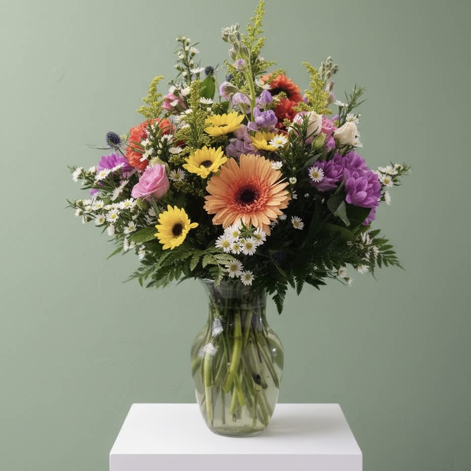 Mixed bouquet of colorful flowers in a clear glass vase