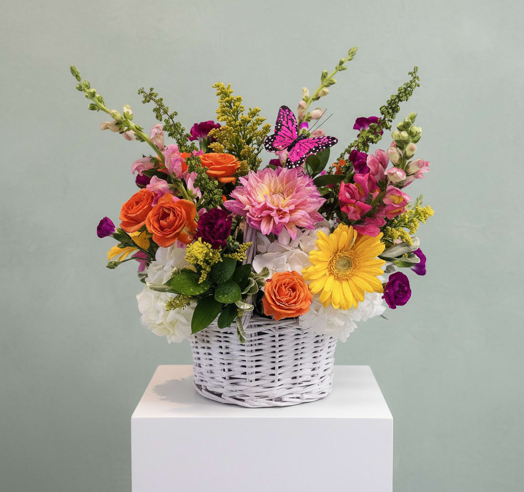 Colorful mixed flower arrangement in a white wicker basket