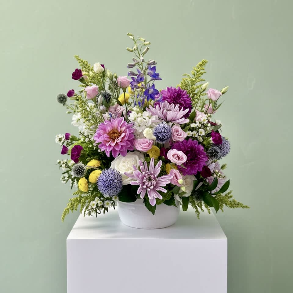 Mixed bouquet of pink, purple, white, and yellow flowers in a white bowl vase