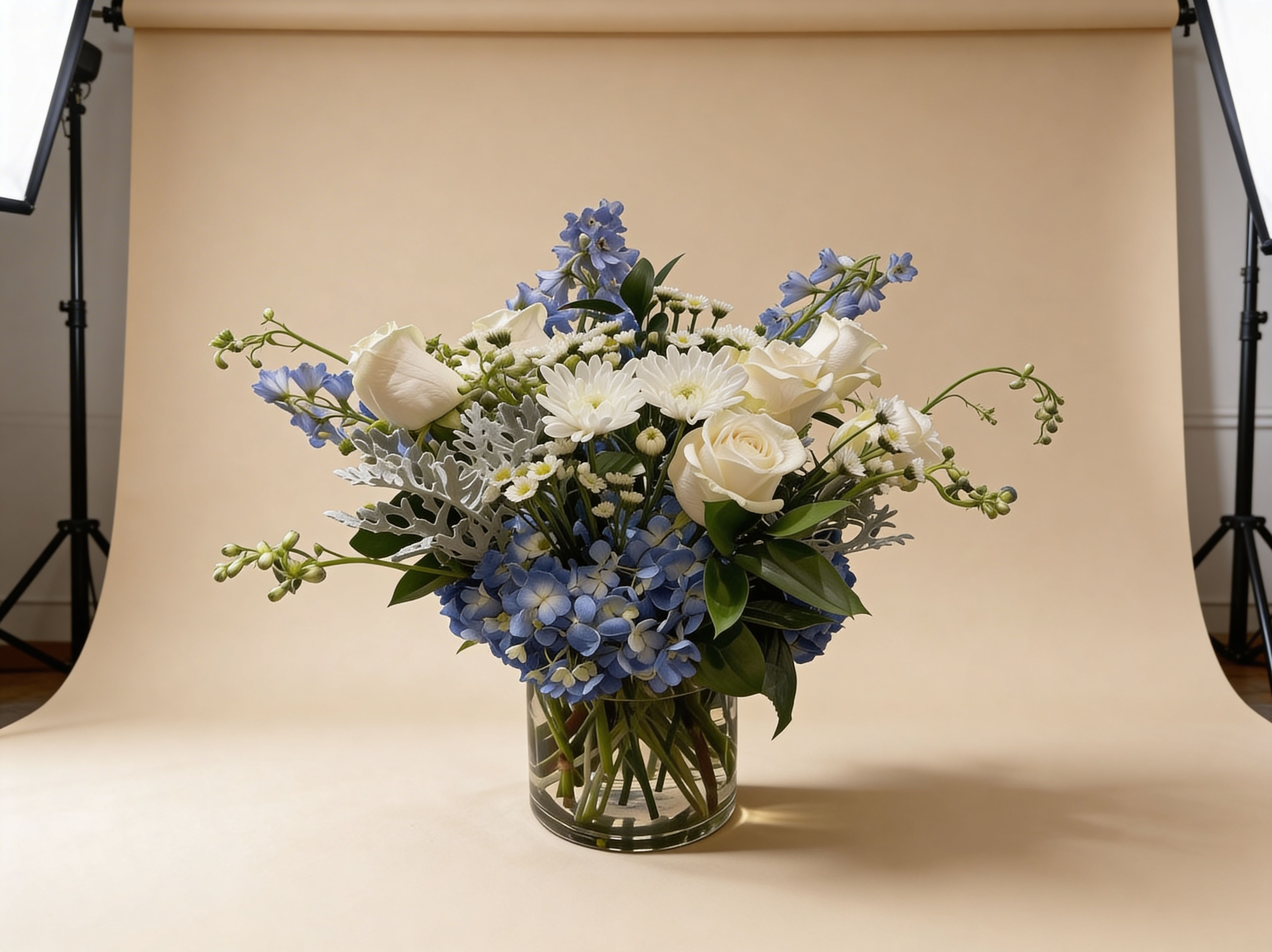 Blue and white arrangement with roses, mums, and hydrangeas in a clear glass cylinder vase