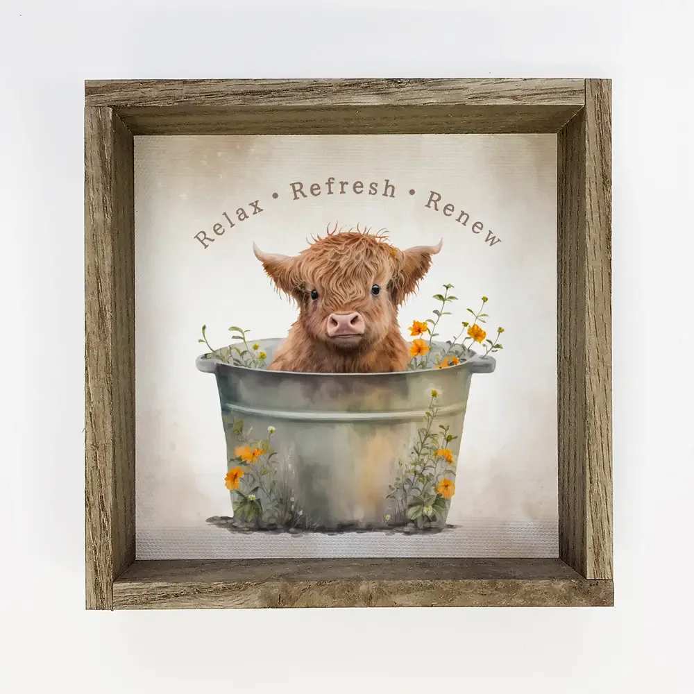 Highland Calf in Metal Tub - This 11" x 11" loveable highland calf picture will add charm to any room.