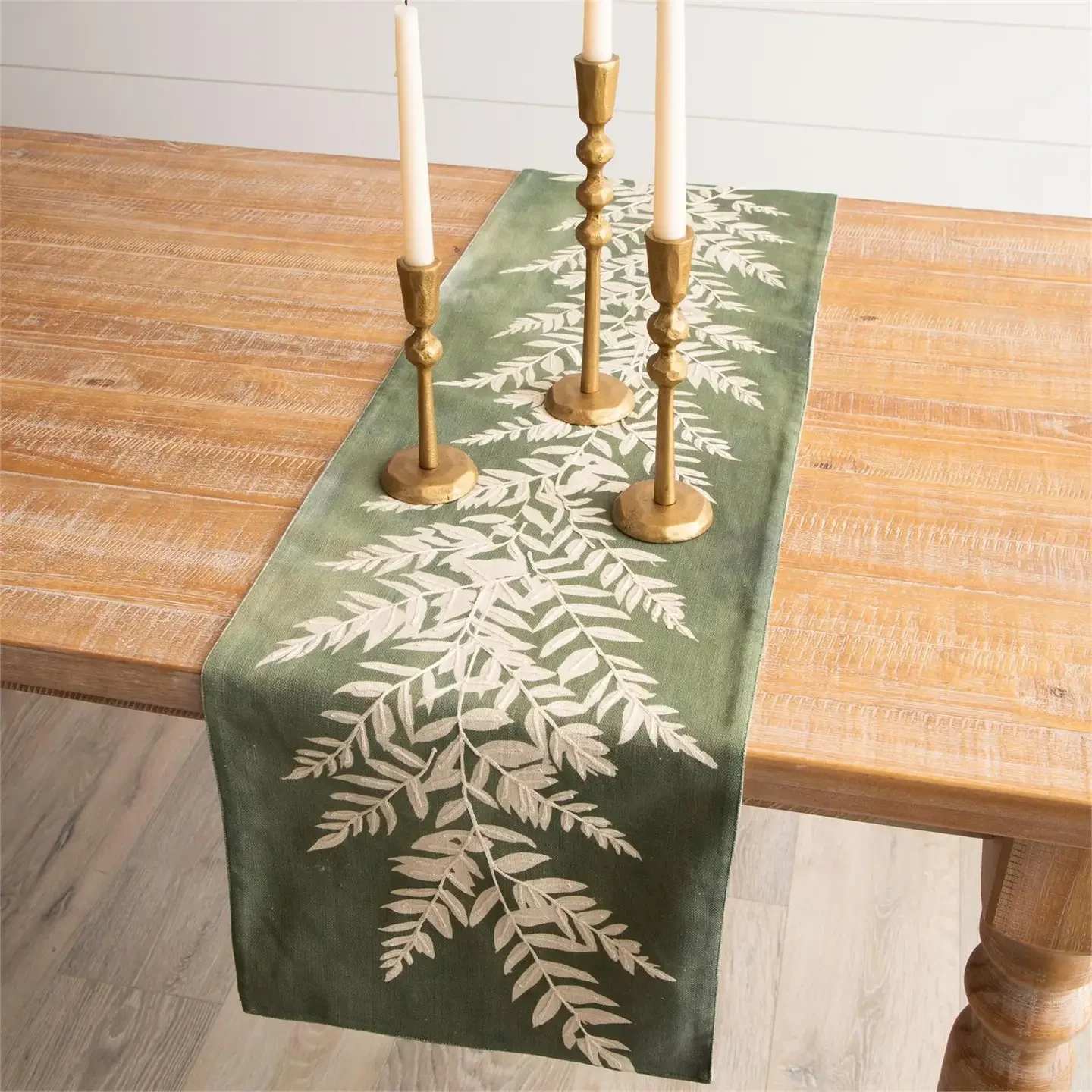Embroidered Leafy Green Table Runner - 72" x 14" table runner with an embroidered leafy green design