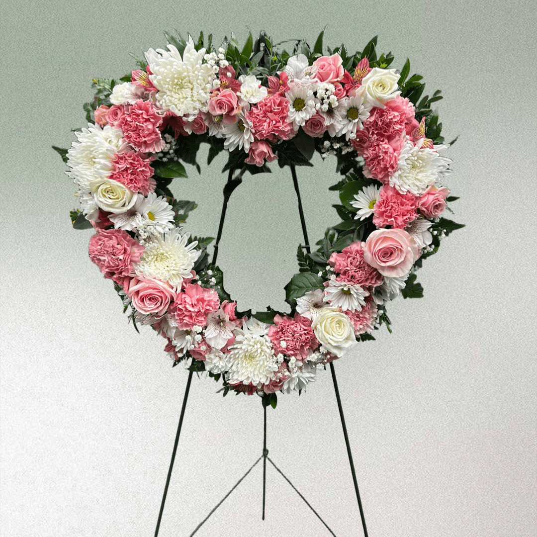 Precious Memories Wreath - Large heart-shaped wreath of pink roses, carnations, white mums and daisies