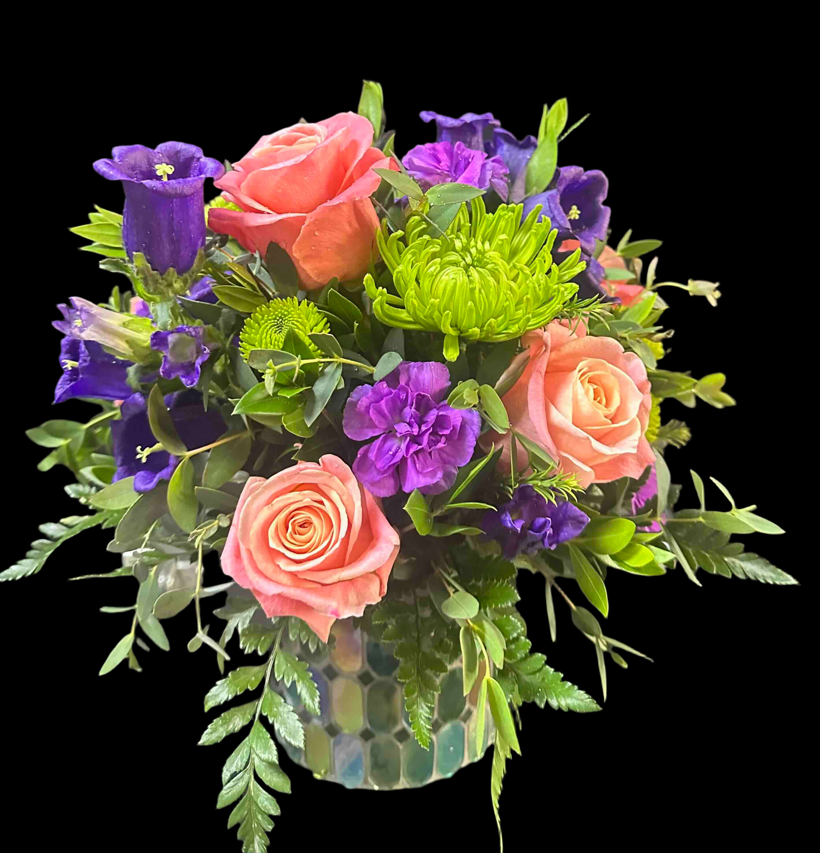 Colorful Jewel Bouquet - Pink, purple, and green flowers in a mosaic vase.
